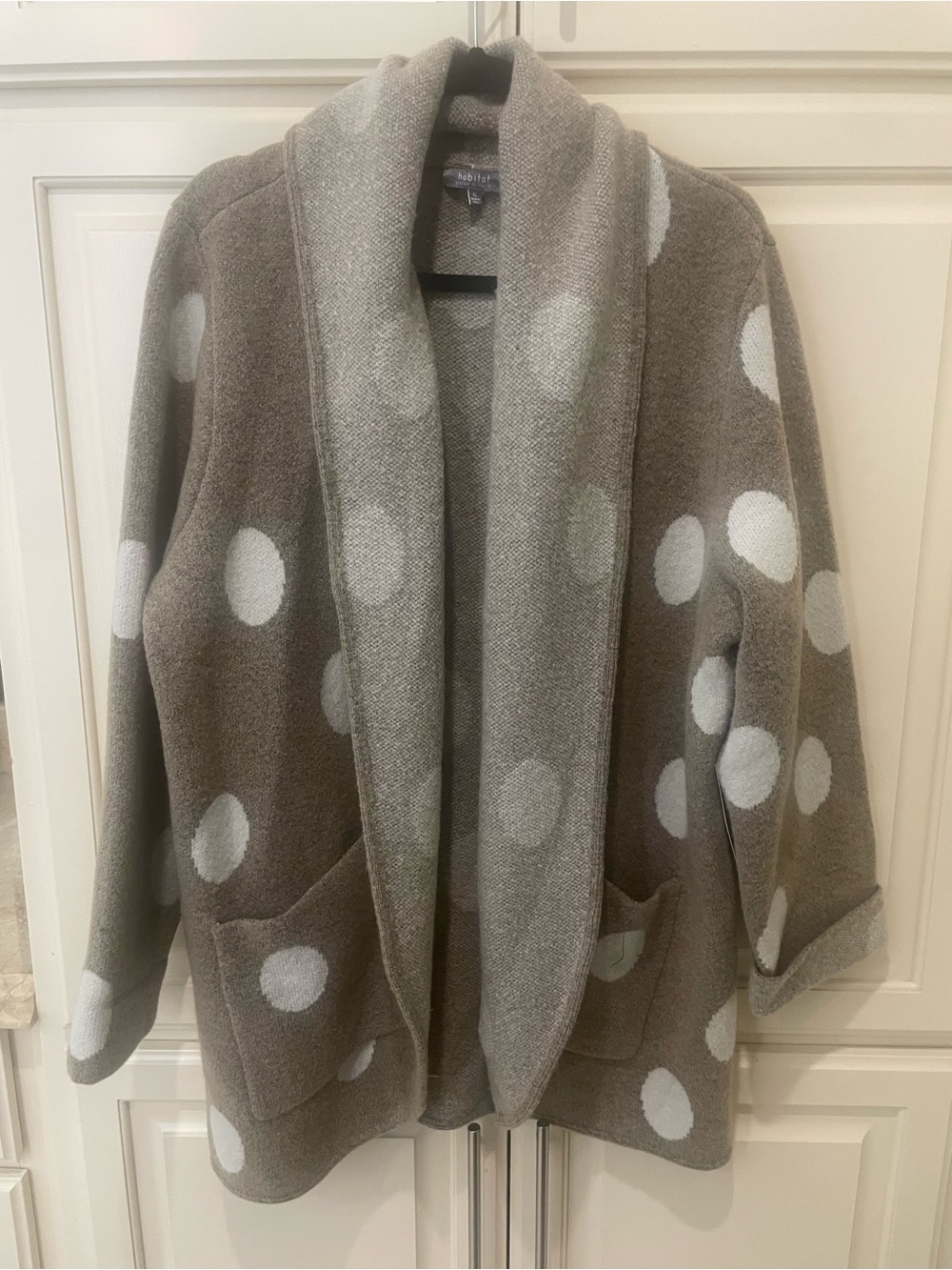 Habitat Taupe and White Polka Dot Shawl Collar Cardigan
